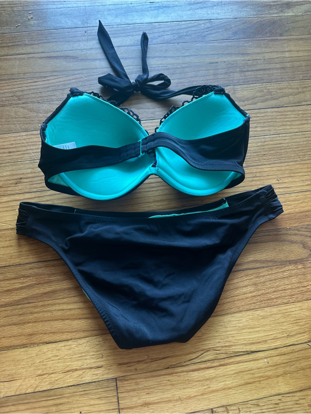 Shade & Shore Black Teal Push-Up Halter Bikini Set 36D Cutout Lace Overlay - Picture 2 of 7